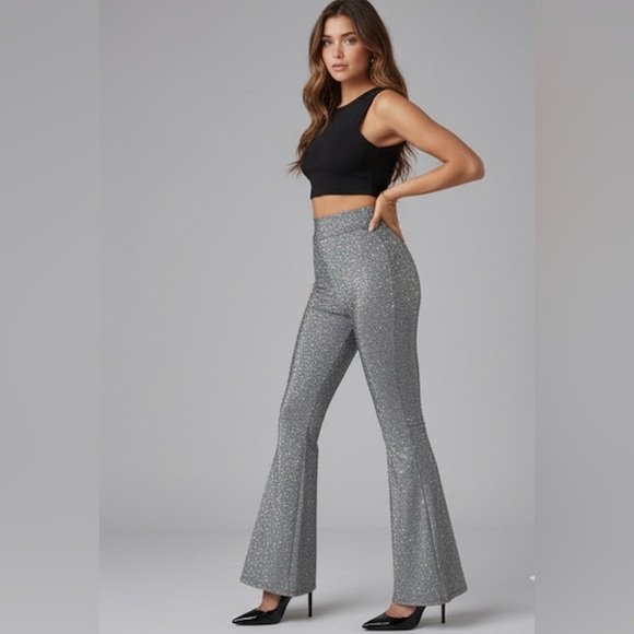 Silver High Waist Flare Leg Metallic Pants - Picture 5 of 9